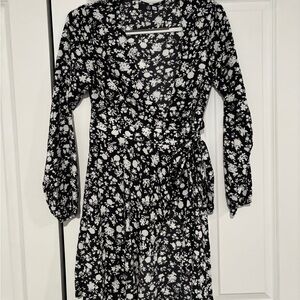 Floral Black and White Wrap Dress
